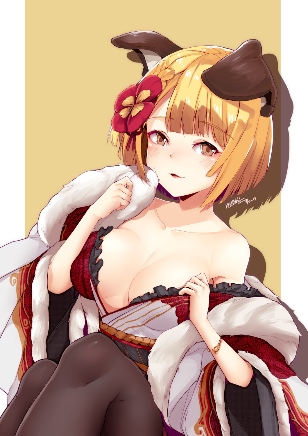 animal_ears cleavage granblue_fantasy inumimi japanese_clothes khibiki_(brequiem) no_bra open_shirt pantyhose undressing vajra_(granblue_fantasy)