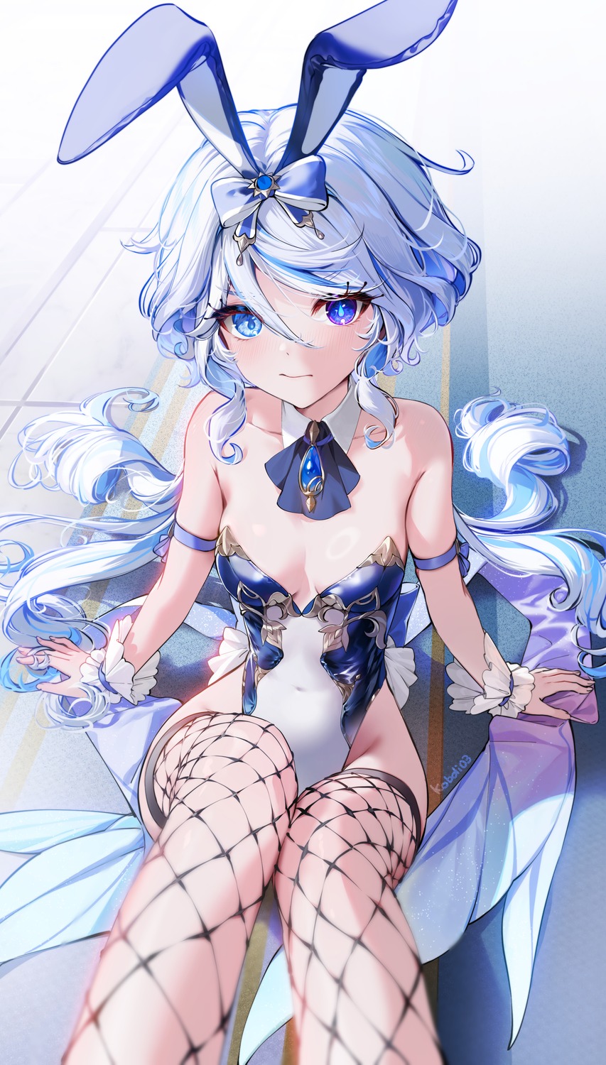 animal_ears bunny_ears bunny_girl fishnets furina genshin_impact heterochromia kkopoli no_bra thighhighs