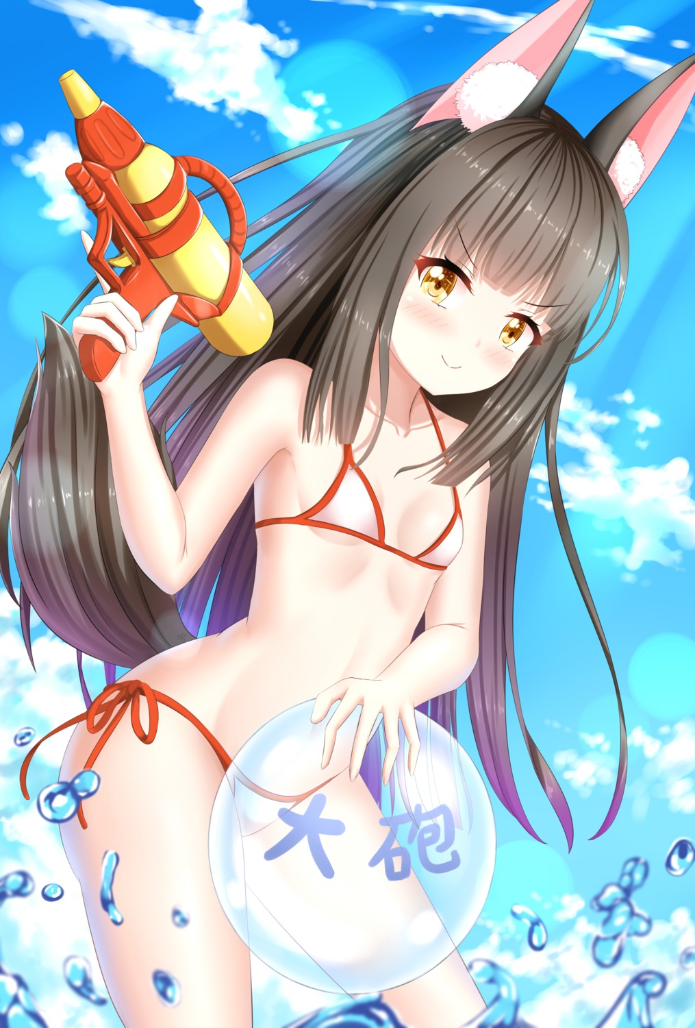 animal_ears azur_lane bikini cleavage denfunsan gun kitsune nagato_(azur_lane) swimsuits tail wet