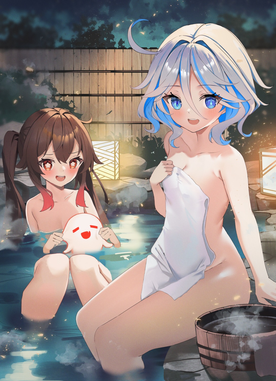 bathing furina genshin_impact heterochromia hu_tao loli naked onsen towel tsukise_miwa wet