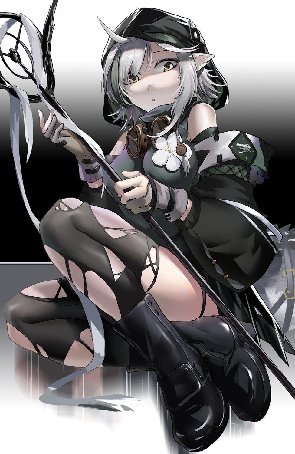 arknights horns macreeeeee pointy_ears tail thighhighs tomimi_(arknights) torn_clothes weapon