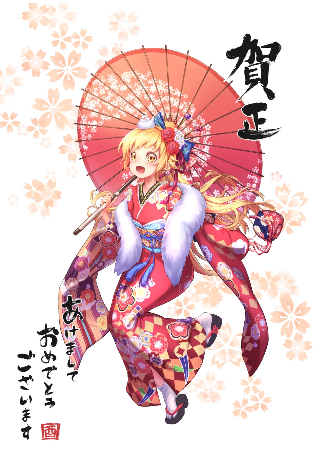 bakemonogatari kimono oshino_shinobu pointy_ears shiro_ringo umbrella