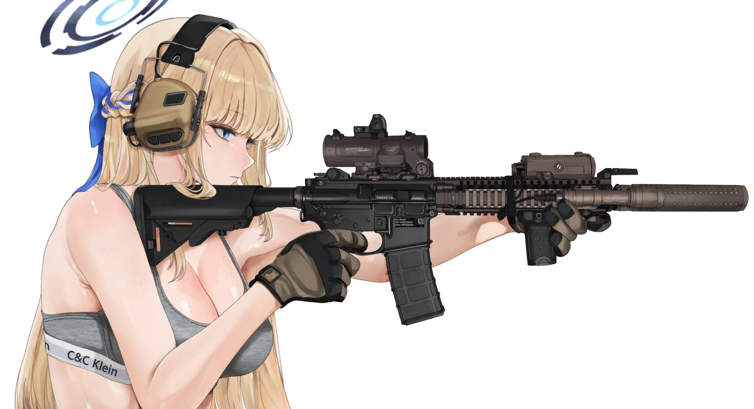 asuma_toki blue_archive bra fte_(fifteen_199) gun halo headphones