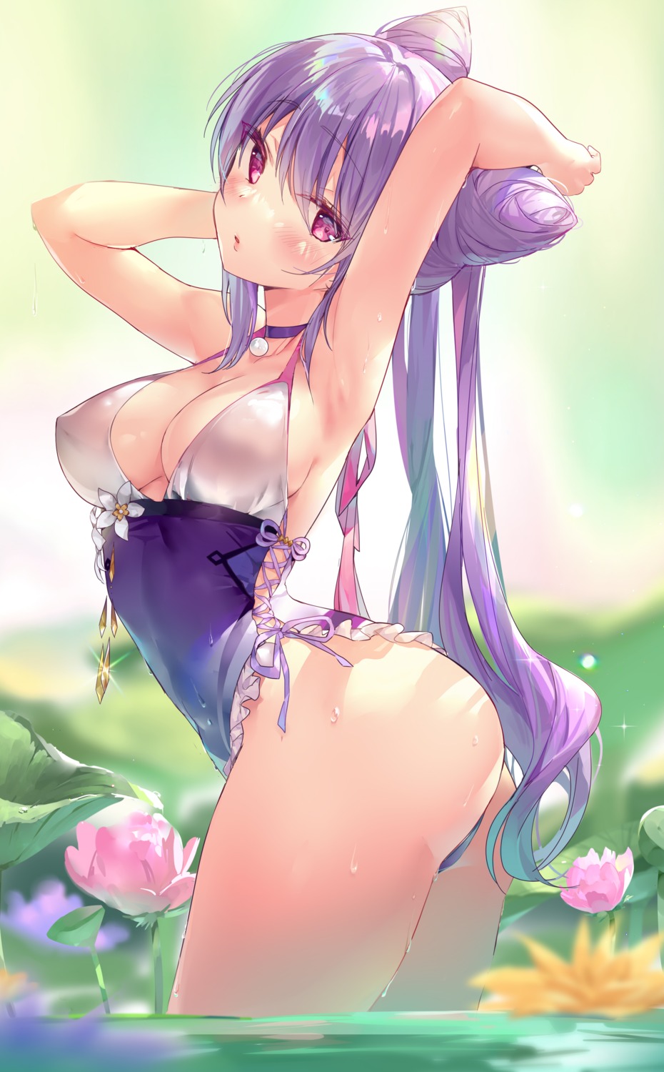 ass erect_nipples genshin_impact keqing odaefnyo swimsuits wet