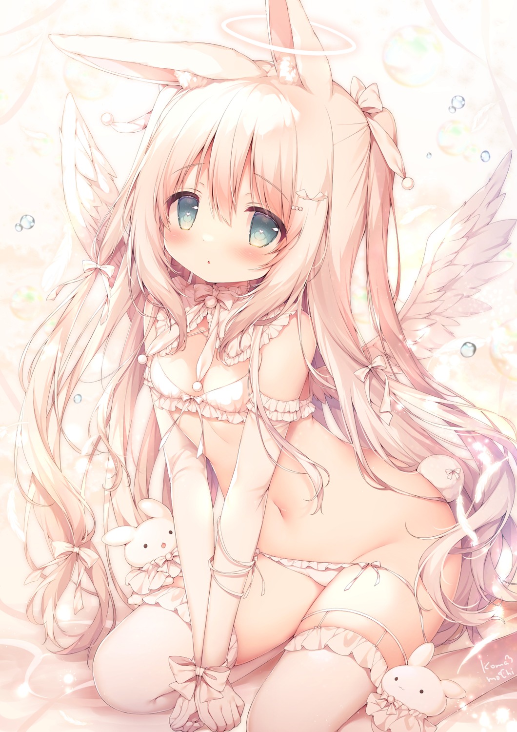 animal_ears bra bunny_ears garter momozu_komamochi pantsu panty_pull stockings tail thighhighs thong wings