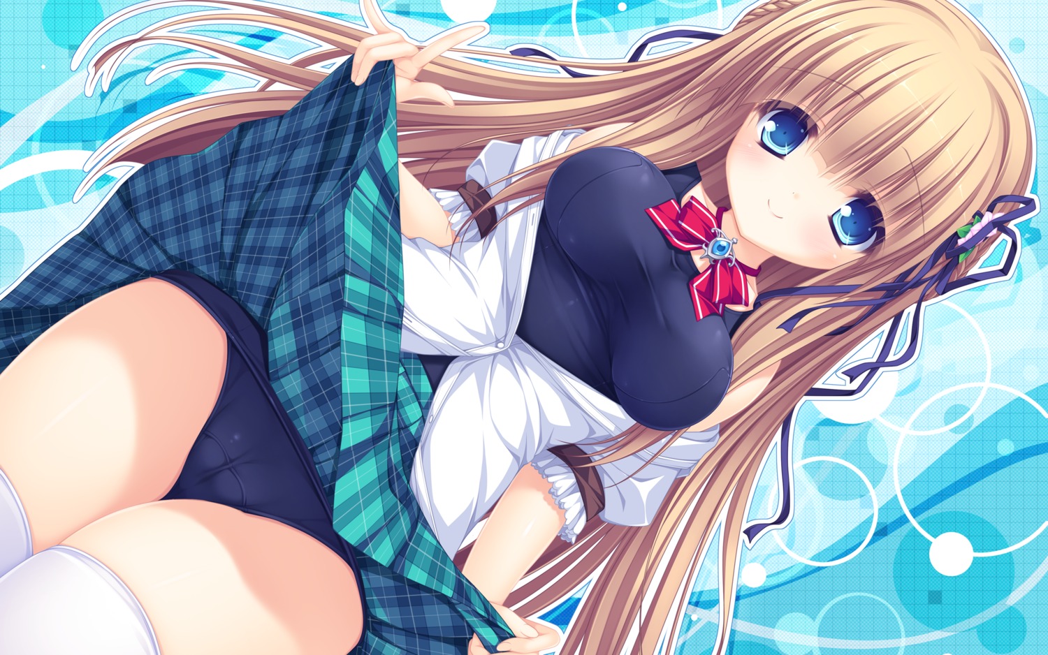 cameltoe kawasumi_yurika magicalic_sky_high mikagami_mamizu open_shirt school_swimsuit seifuku skirt_lift swimsuits thighhighs wallpaper whirlpool