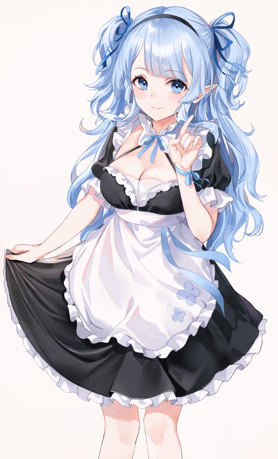 cleavage emyo maid pointy_ears skirt_lift