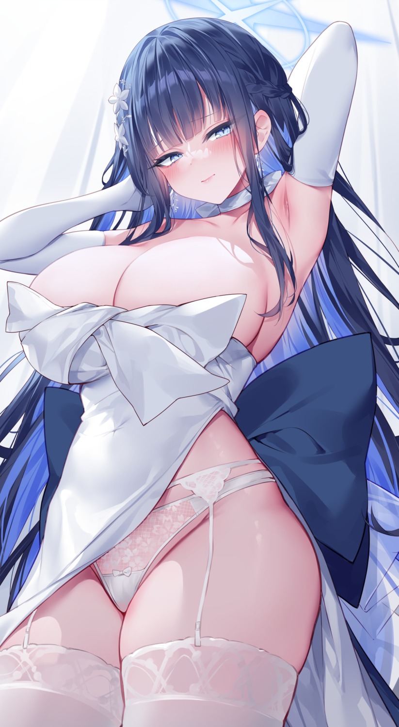 blue_archive dress garter_belt halo joumae_saori lingerie no_bra pantsu skirt_lift sora_72-iro stockings thighhighs