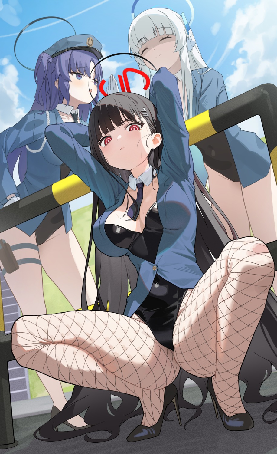 blue_archive fishnets garter halo hayase_yuuka heels ildy leotard no_bra pantyhose tsukatsuki_rio uniform ushio_noa