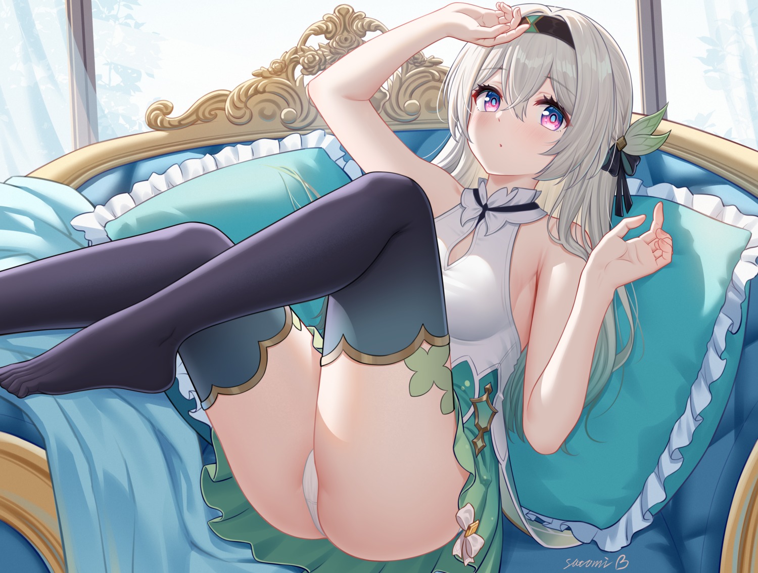 feet firefly honkai:_star_rail no_bra pantsu satomi_(745684552) skirt_lift thighhighs thong