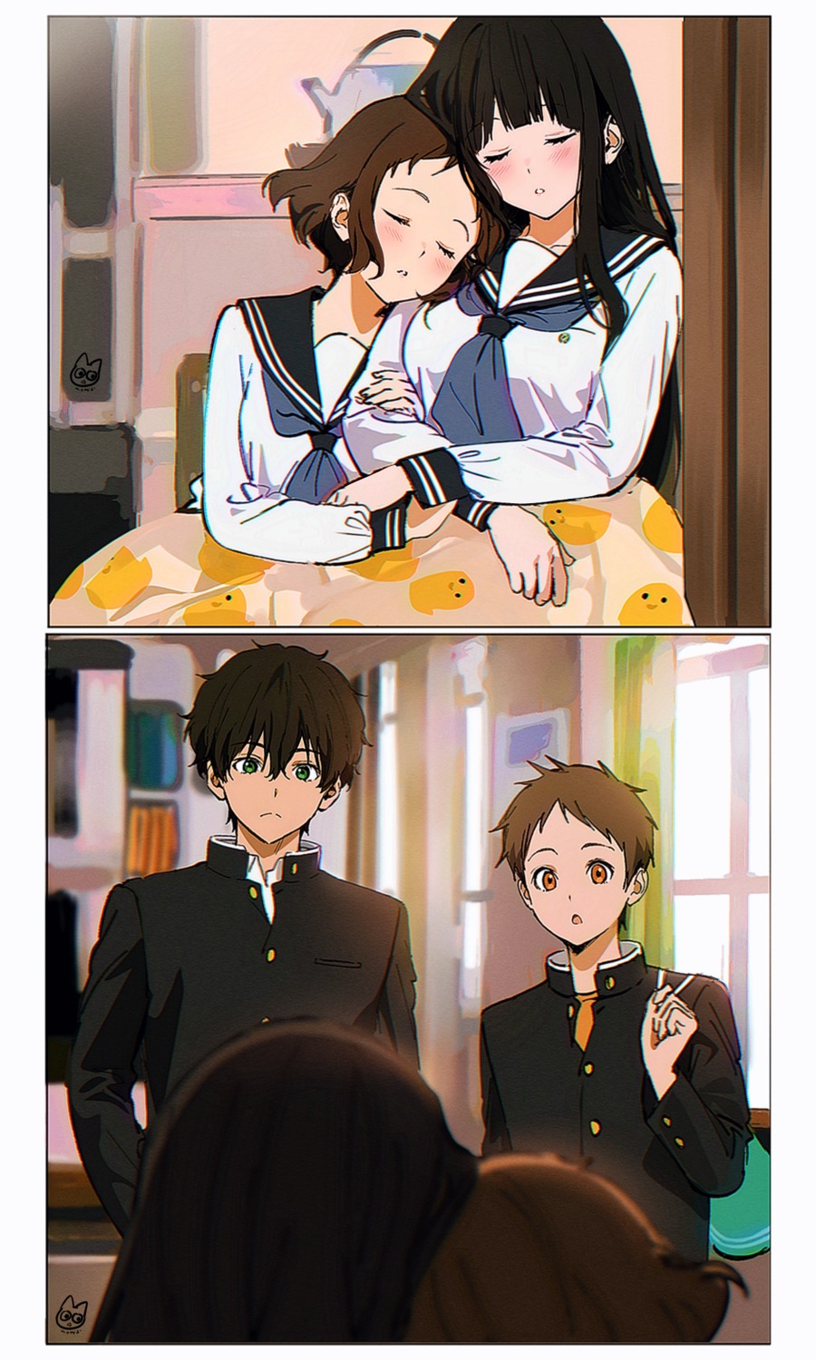 chitanda_eru fukube_satoshi hyouka ibara_mayaka mery_(yangmalgage) oreki_houtarou seifuku sheets yuri