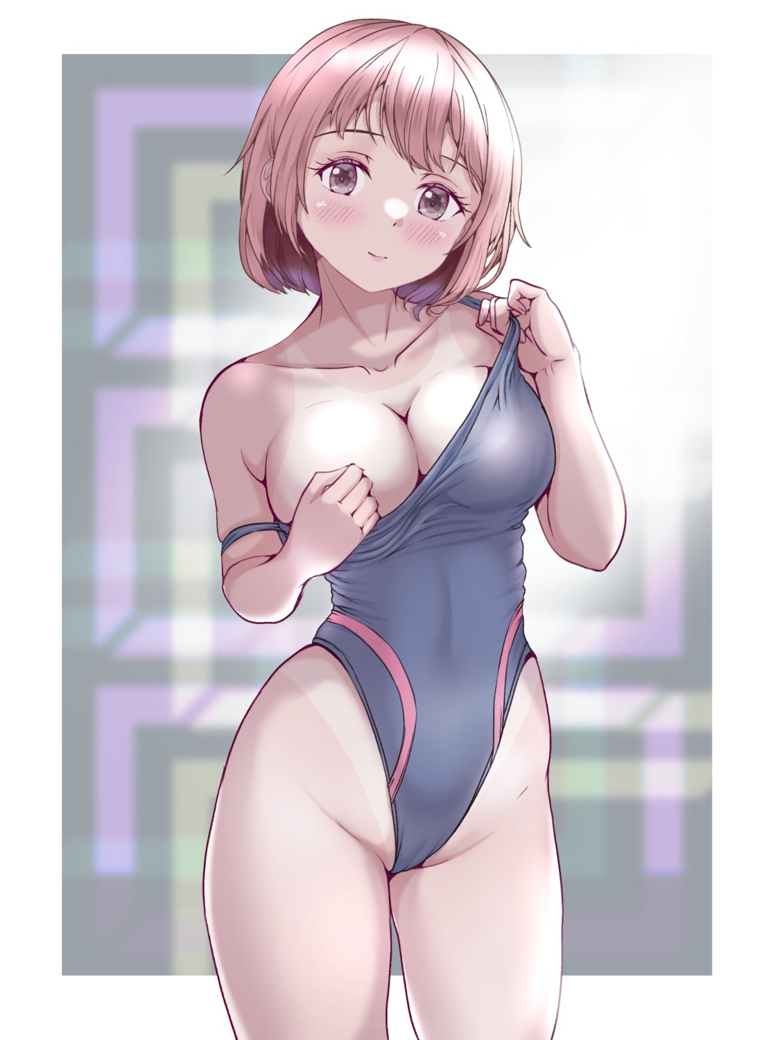 breast_hold breasts cameltoe mashinatsu swimsuits tan_lines undressing