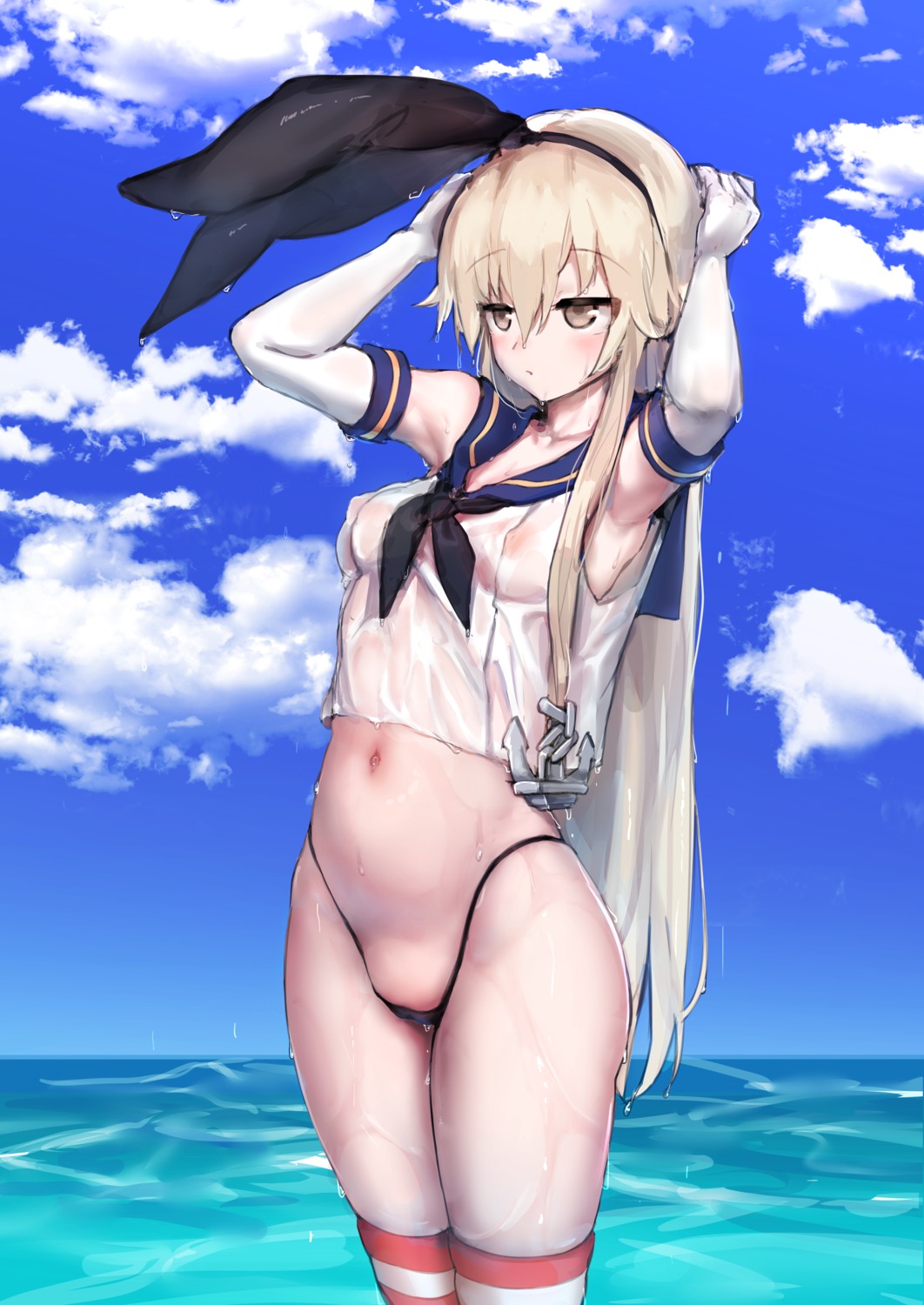 kantai_collection miramu_(ramu450471) nipples no_bra pantsu see_through shimakaze_(kancolle) thighhighs wet_clothes