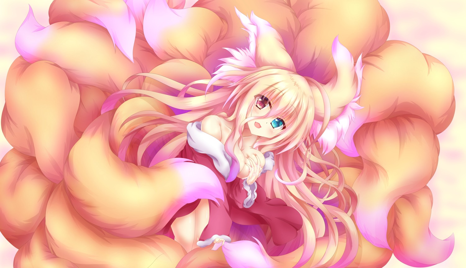 animal_ears breast_hold breasts heterochromia kitsune kitsune_mugi_nyan lactation no_bra open_shirt tail