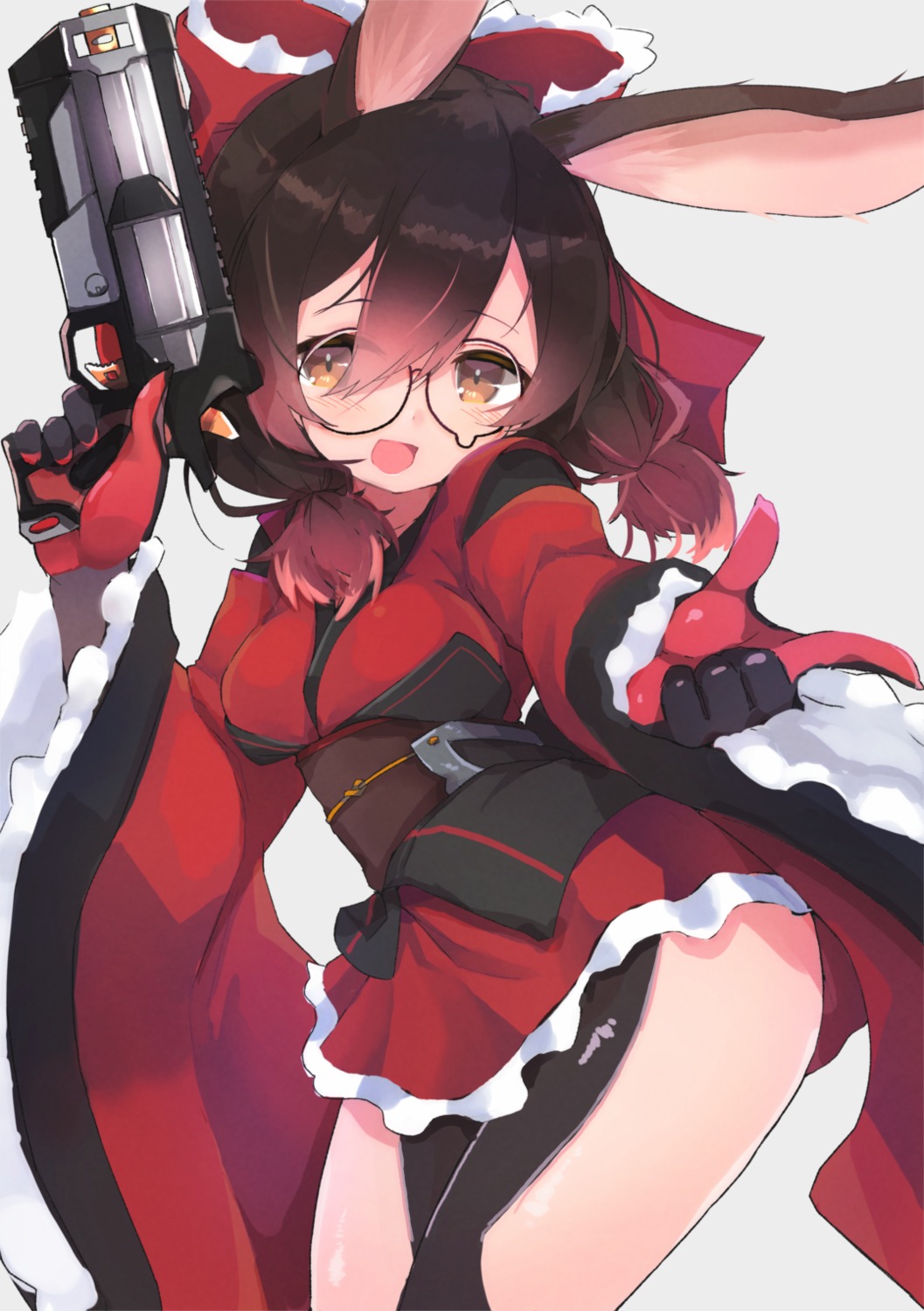 animal_ears bunny_ears gun hololive japanese_clothes megane roboco-san teranekosu