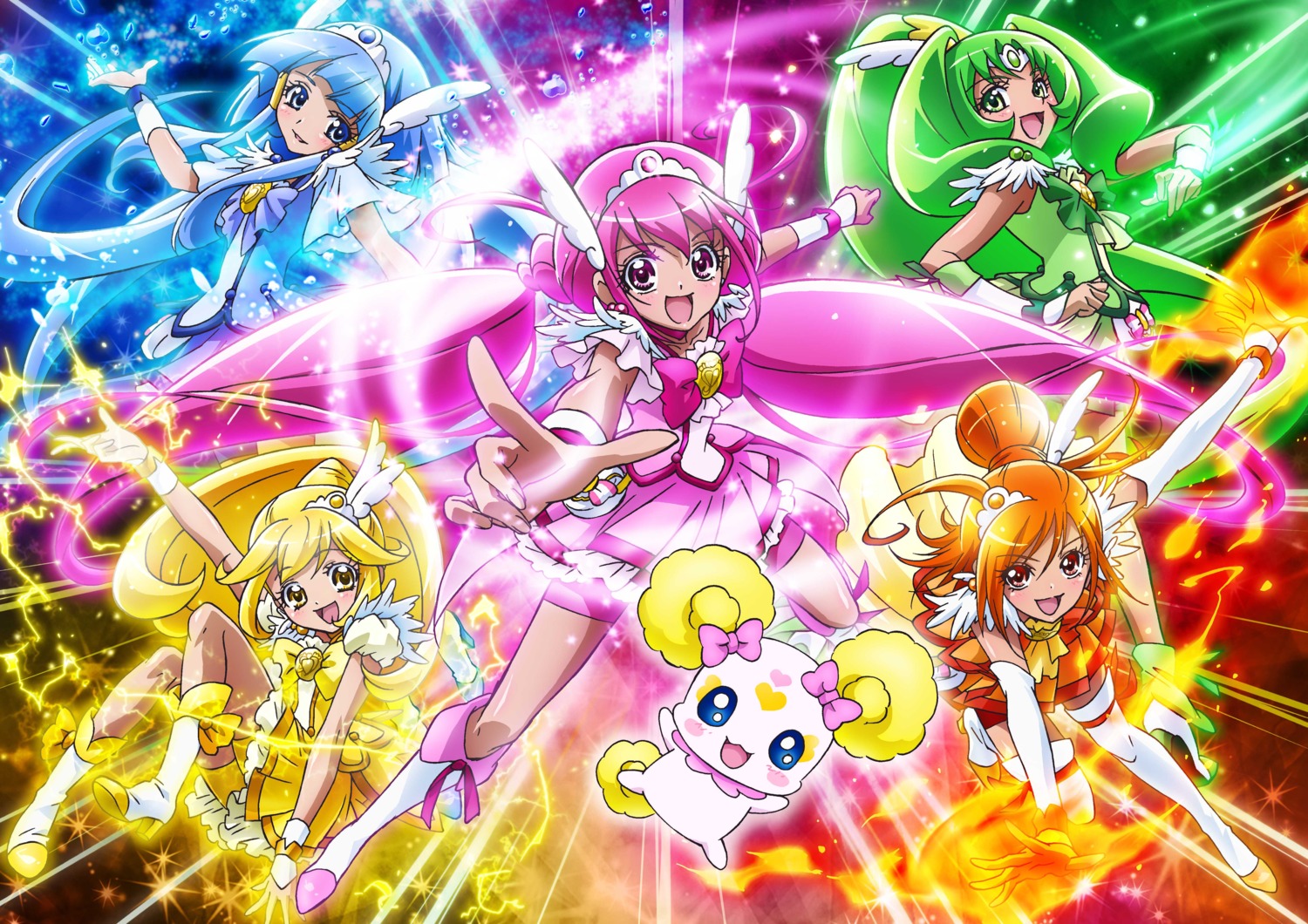aoki_reika bike_shorts candy_(smile_precure) hino_akane hoshizora_miyuki jpeg_artifacts kise_yayoi midorikawa_nao precure smile_precure! thighhighs