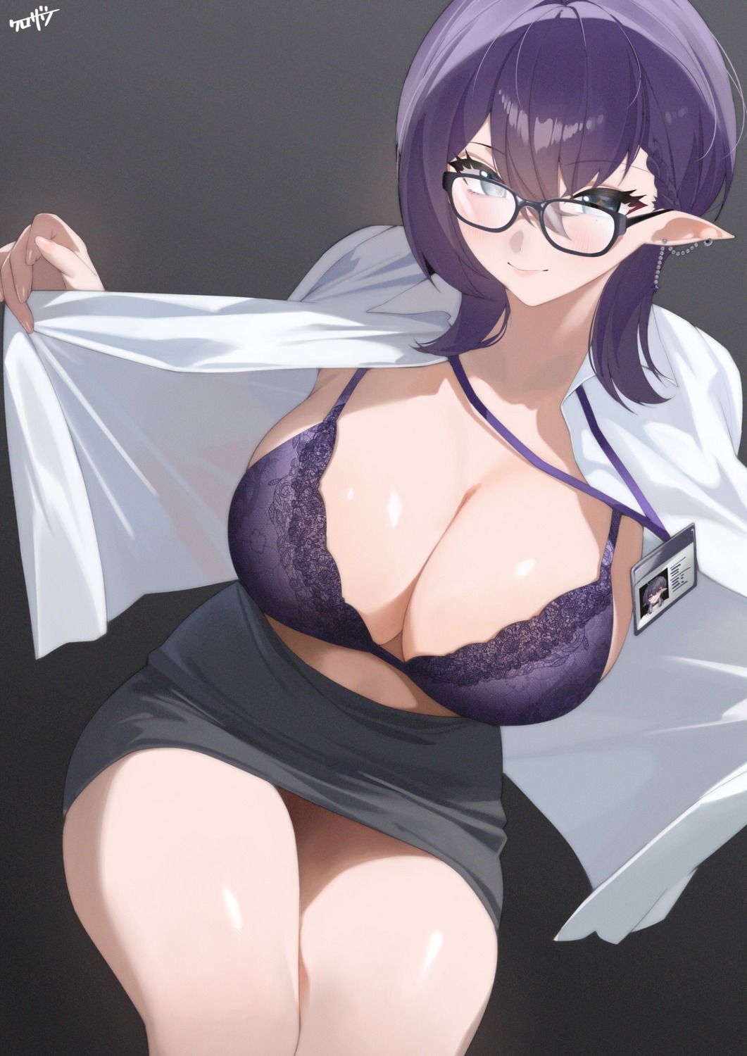 bra dress_shirt kurozawa_yui megane open_shirt pointy_ears skirt_lift undressing