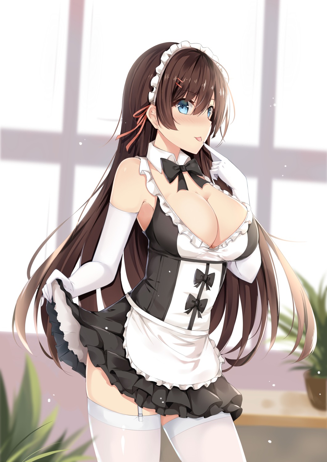 bantian_yindang cleavage maid no_bra skirt_lift stockings thighhighs