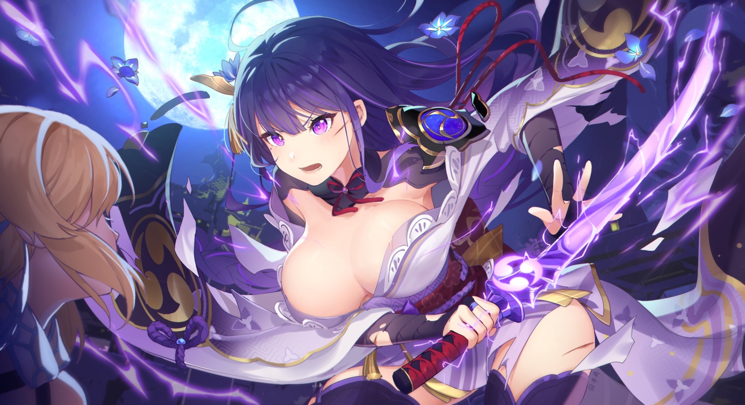 armor genshin_impact japanese_clothes lumine no_bra open_shirt raiden_shogun sword thighhighs torn_clothes ziyue