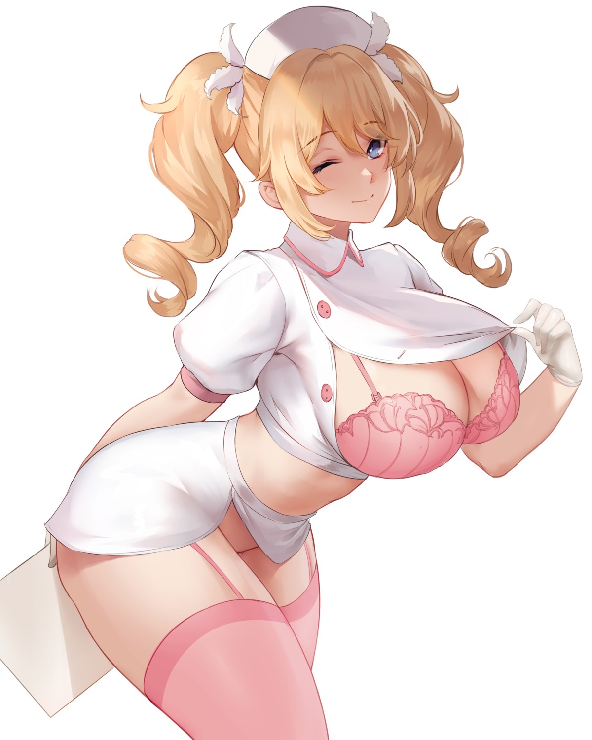 azto_dio barbara_(genshin_impact) bra genshin_impact nopan nurse open_shirt stockings thighhighs undressing