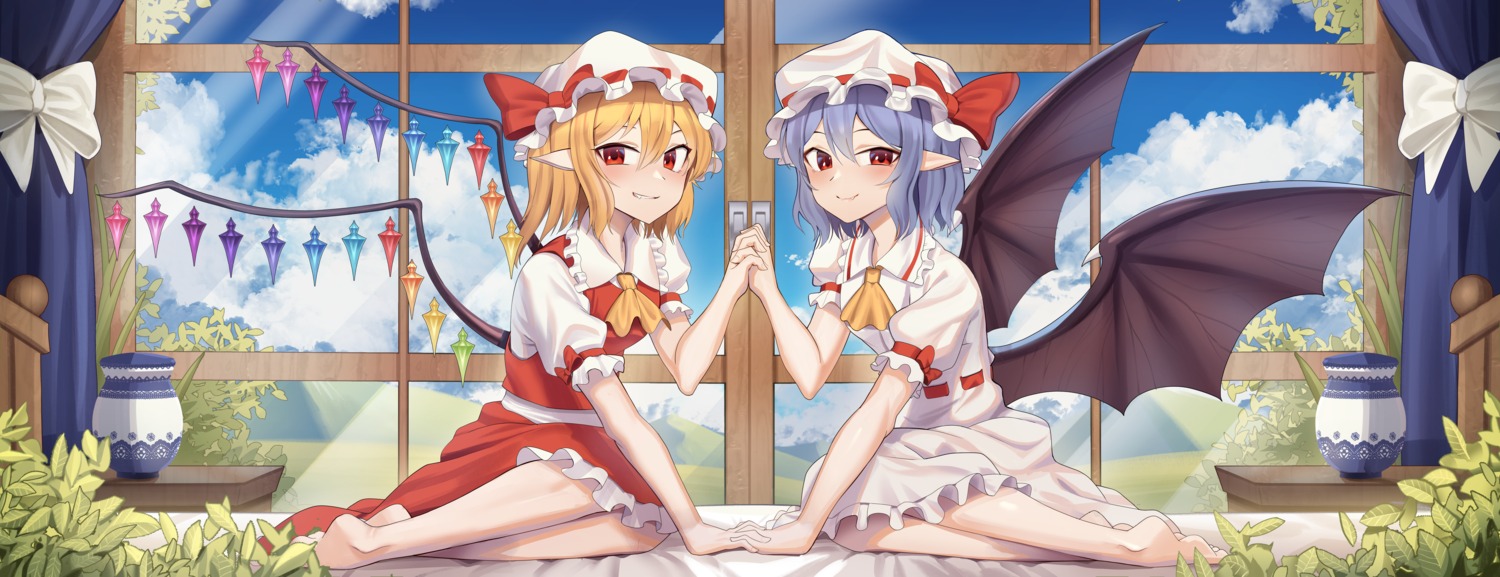 dress flandre_scarlet goback pointy_ears remilia_scarlet skirt_lift touhou wings