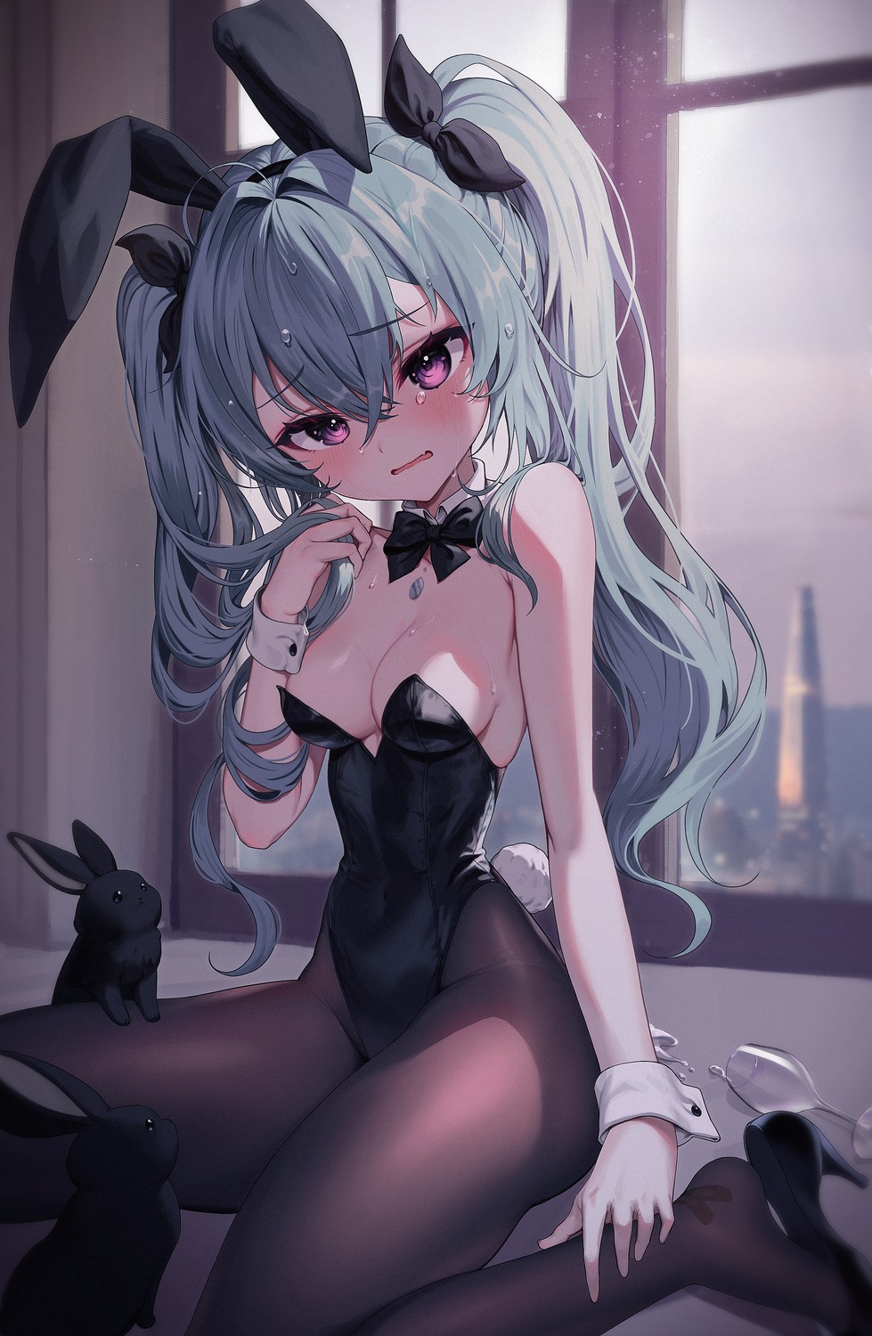 animal_ears bandaid bunny_ears bunny_girl hectyne heels no_bra pantyhose tail