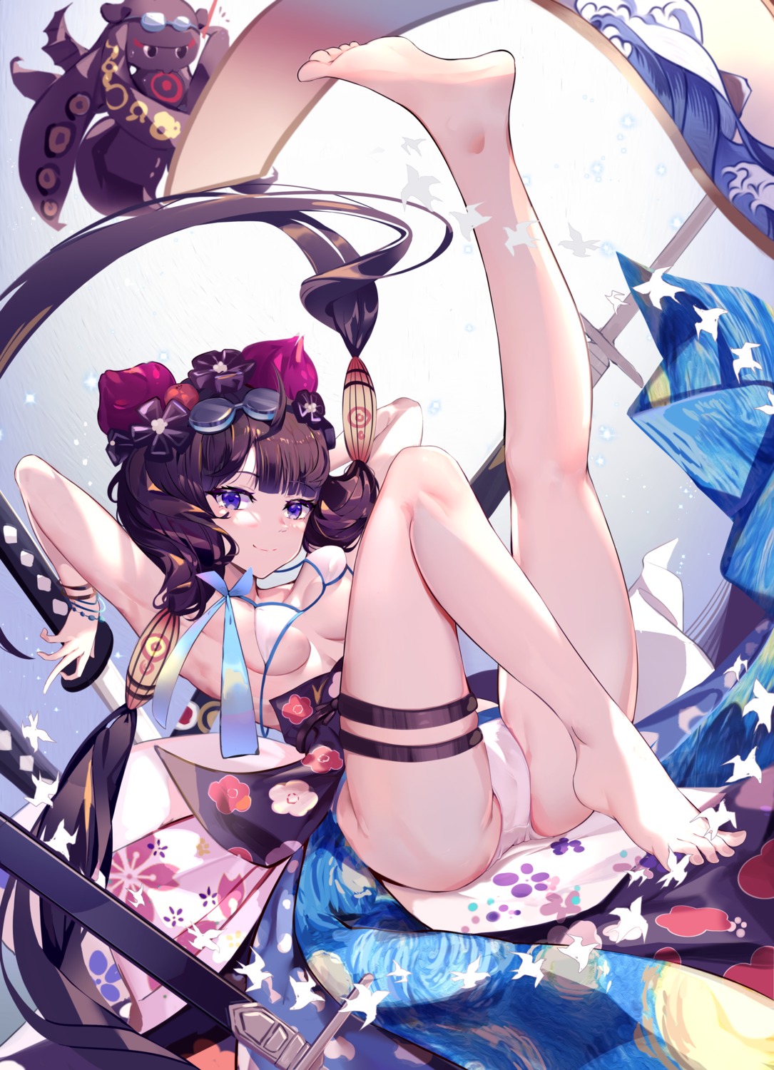 bikini breasts cameltoe fate/grand_order feet garter japanese_clothes katsushika_hokusai_(fate) swimsuits sword wardrobe_malfunction xiaoshan_jiang
