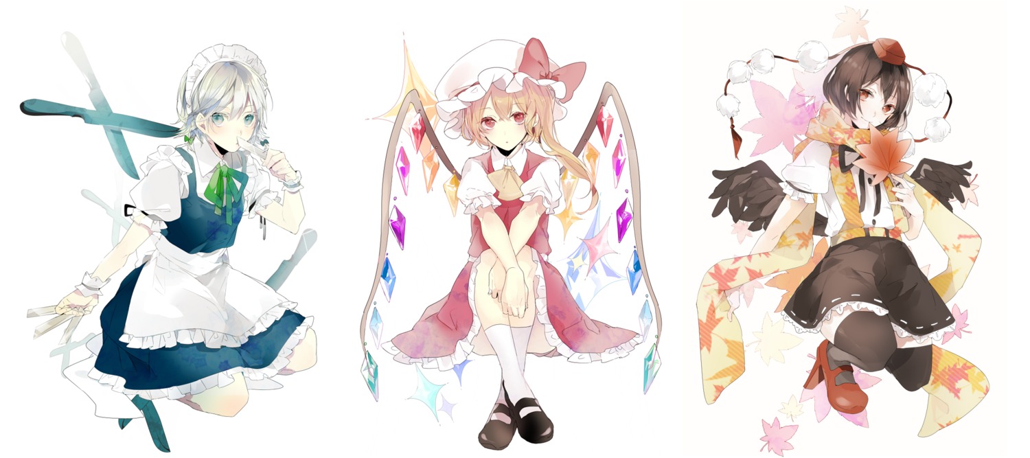 flandre_scarlet izayoi_sakuya maid prin_dog shameimaru_aya thighhighs touhou weapon wings