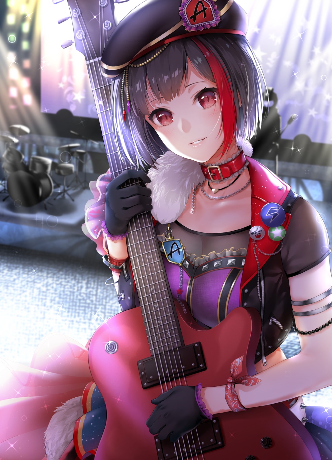 bang_dream! cleavage guitar khanka_shui mitake_ran see_through