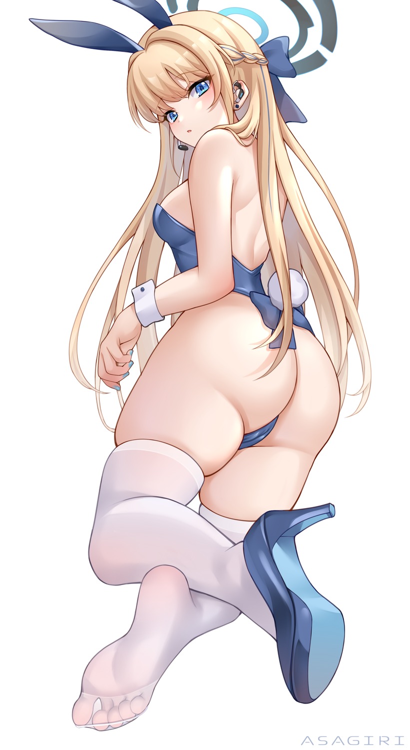 animal_ears asagiri_ai ass asuma_toki blue_archive bunny_ears bunny_girl cameltoe feet halo heels no_bra tail thighhighs