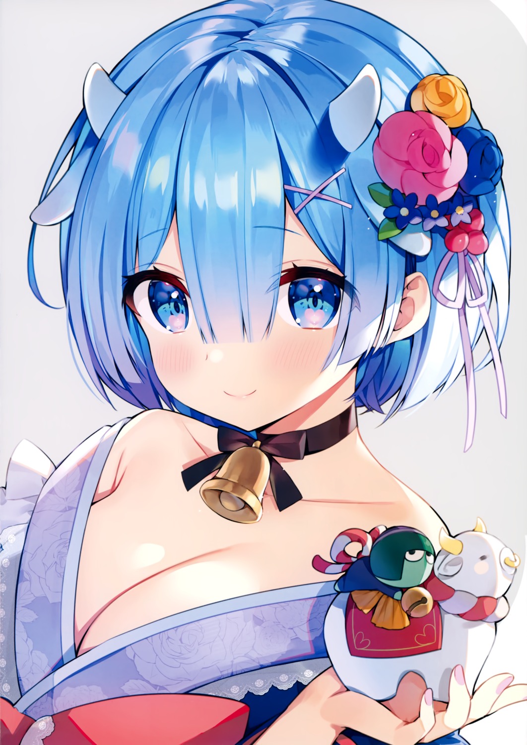 animal_ears ayamy cleavage hachigo horns kimono re_zero_kara_hajimeru_isekai_seikatsu rem_(re_zero)