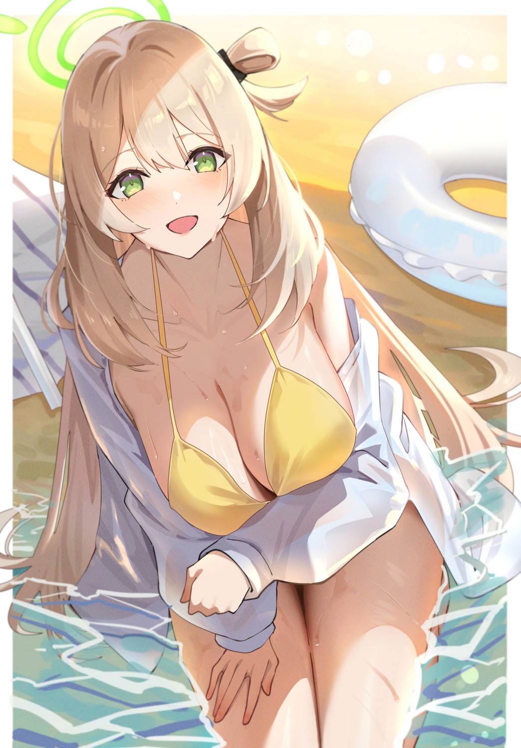 bikini_top blue_archive dress_shirt halo izayoi_nonomi kakumayu open_shirt see_through swimsuits wet wet_clothes