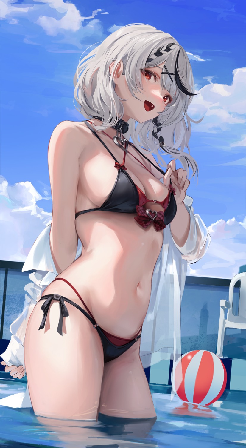 bikini hiki_niito hololive open_shirt sakamata_chloe see_through swimsuits wet