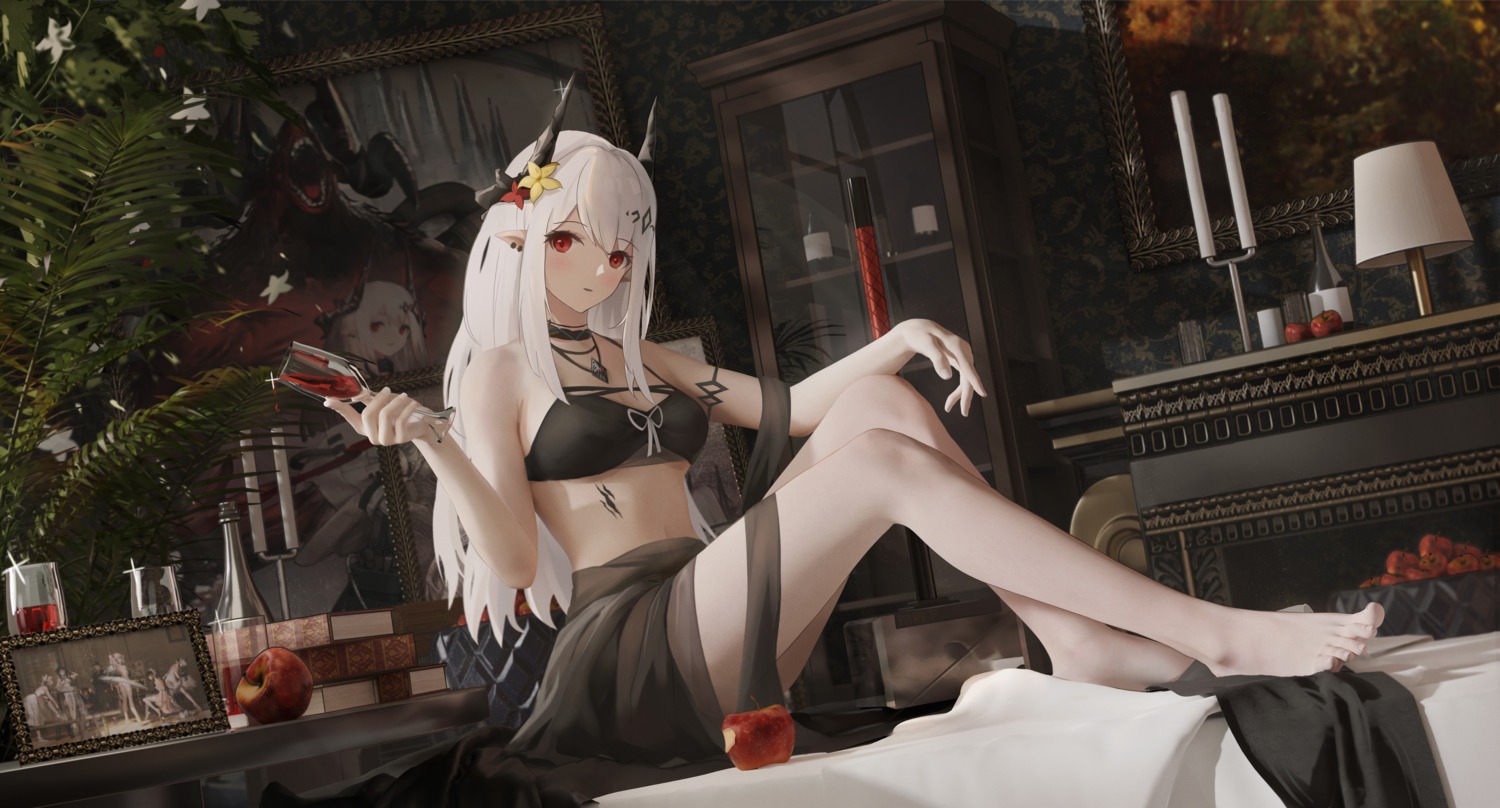 arknights bikini feet horns lingse mudrock_(arknights) pointy_ears swimsuits tattoo