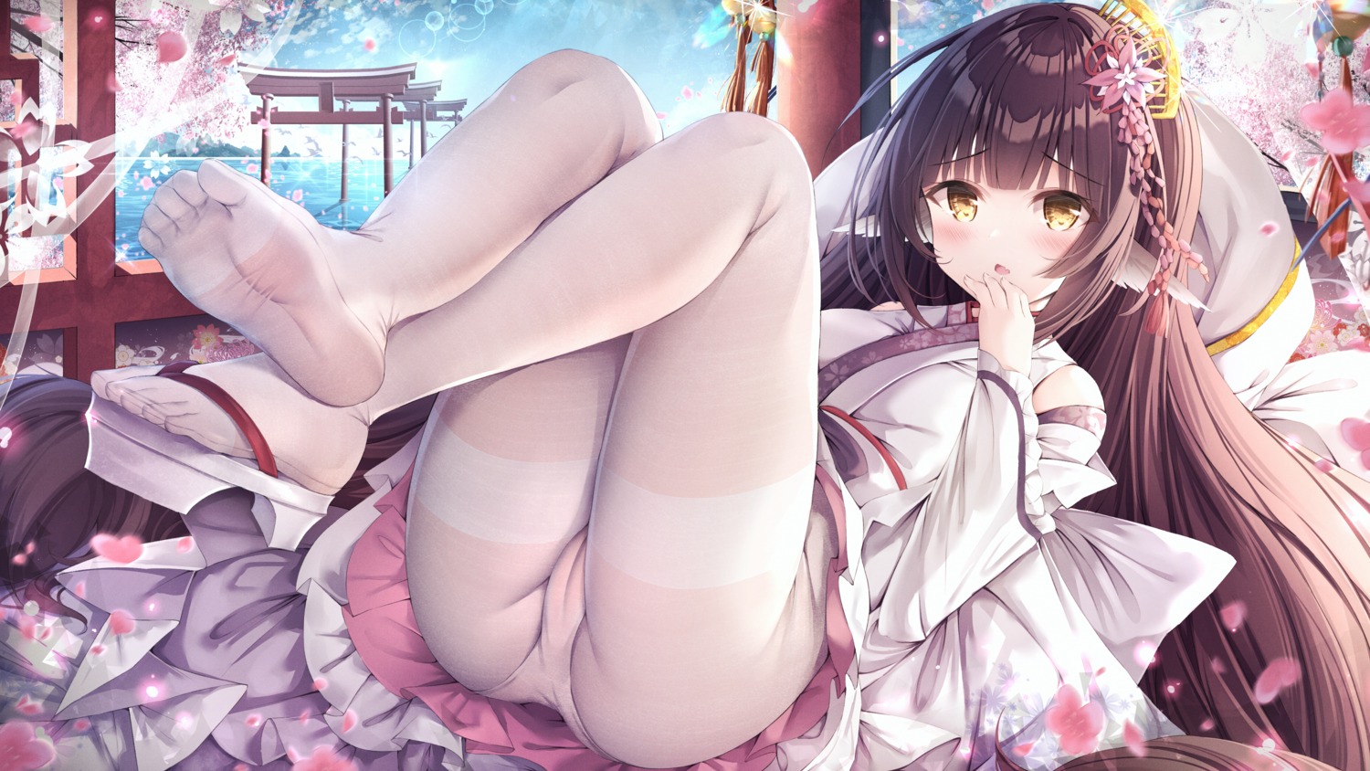 animal_ears azur_lane cameltoe feet harutsuki_(azur_lane) japanese_clothes manman_manyou_haiyang_de_paomo pantsu pantyhose see_through skirt_lift thong wallpaper