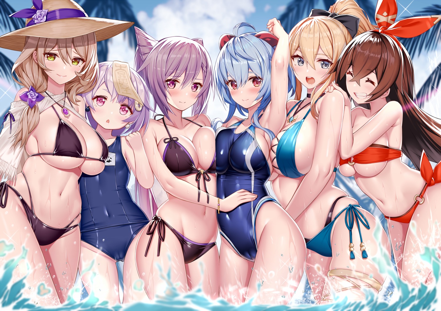 akusema amber_(genshin_impact) bikini cameltoe cleavage ganyu garter genshin_impact horns jean_(genshin_impact) keqing lisa_(genshin_impact) qiqi school_swimsuit swimsuits symmetrical_docking underboob wet