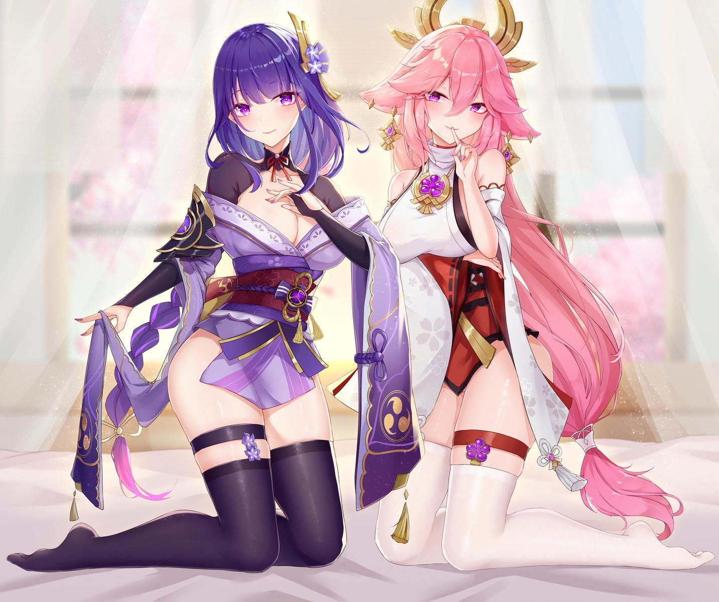 animal_ears garter genshin_impact japanese_clothes kitsune moe_shin_image_residue no_bra open_shirt raiden_shogun stockings thighhighs yae_miko