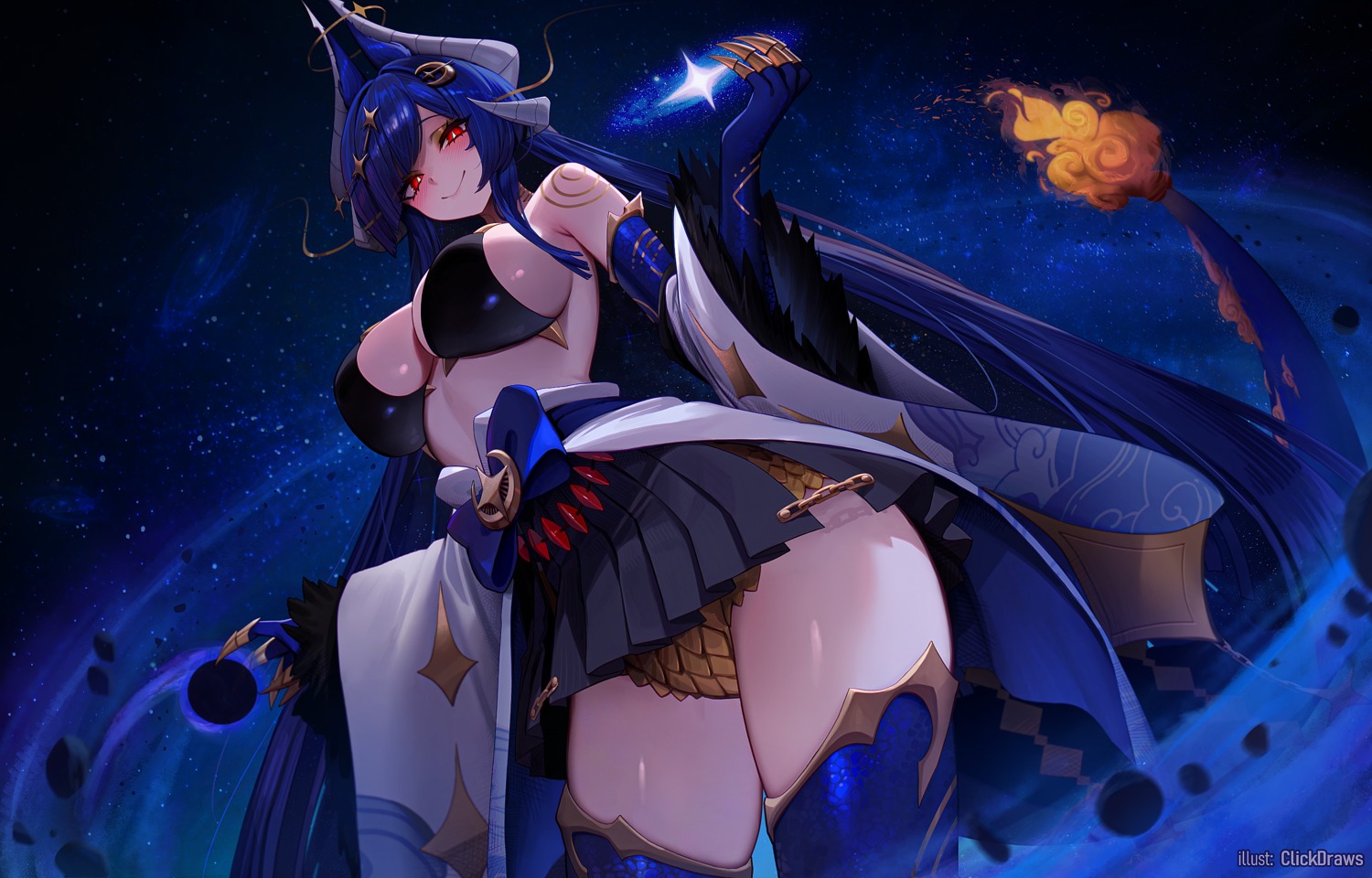 bikini_top clickdraws horns skirt_lift swimsuits tail tattoo thighhighs