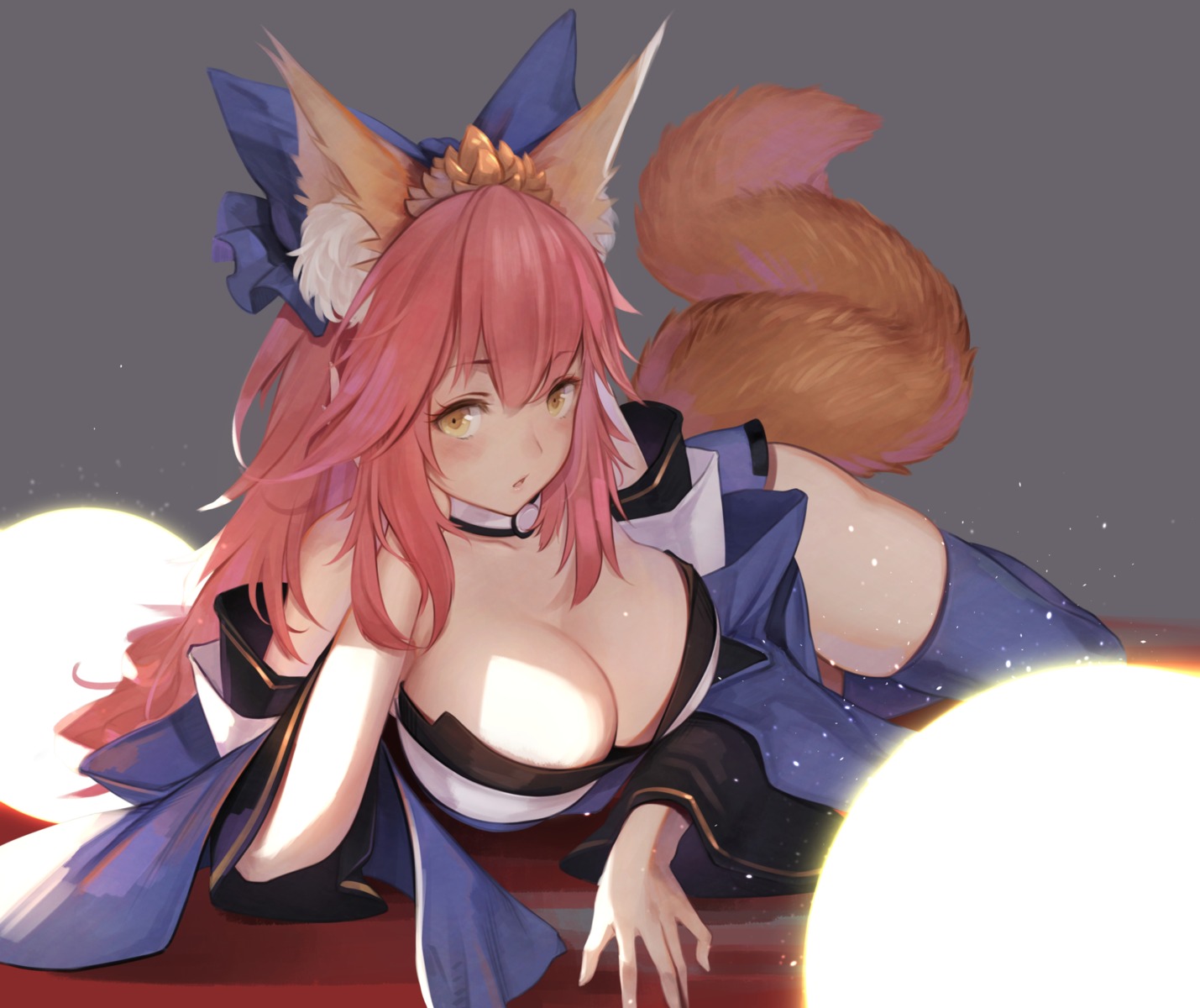 animal_ears cleavage fate/extra fate/grand_order fate/stay_night japanese_clothes kitsune no_bra open_shirt tail tamamo_no_mae thighhighs toriumi_harumi