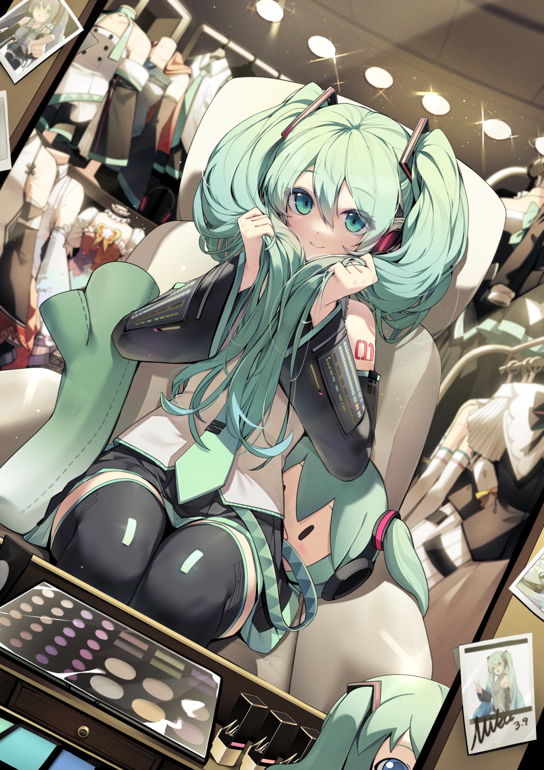 chibi ddangbi hatsune_miku headphones tattoo thighhighs vocaloid