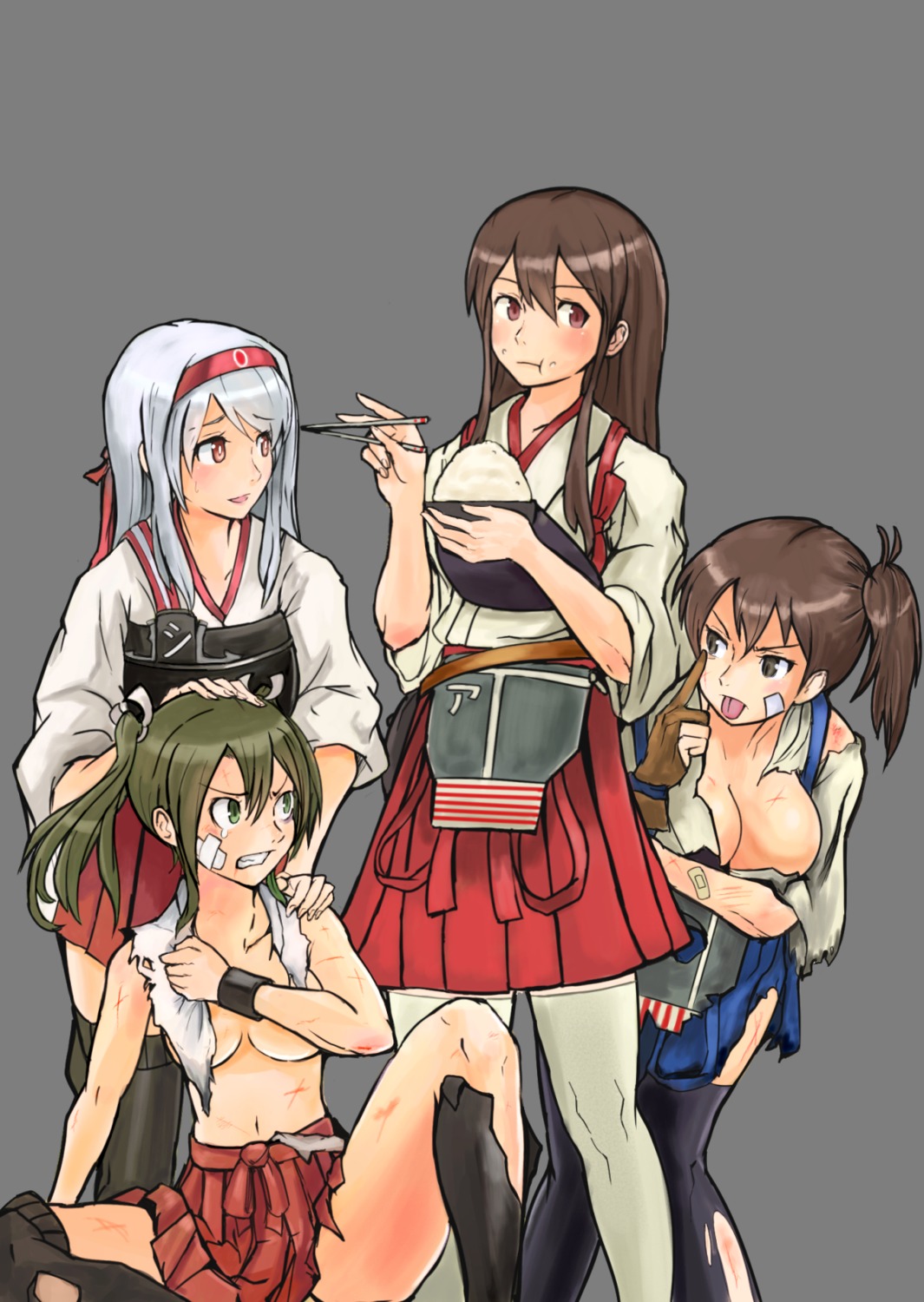 akagi_(kancolle) akizuki_(kondou_kyouhei) bandaid cleavage kaga_(kancolle) kantai_collection no_bra shoukaku_(kancolle) thighhighs torn_clothes transparent_png zuikaku_(kancolle)