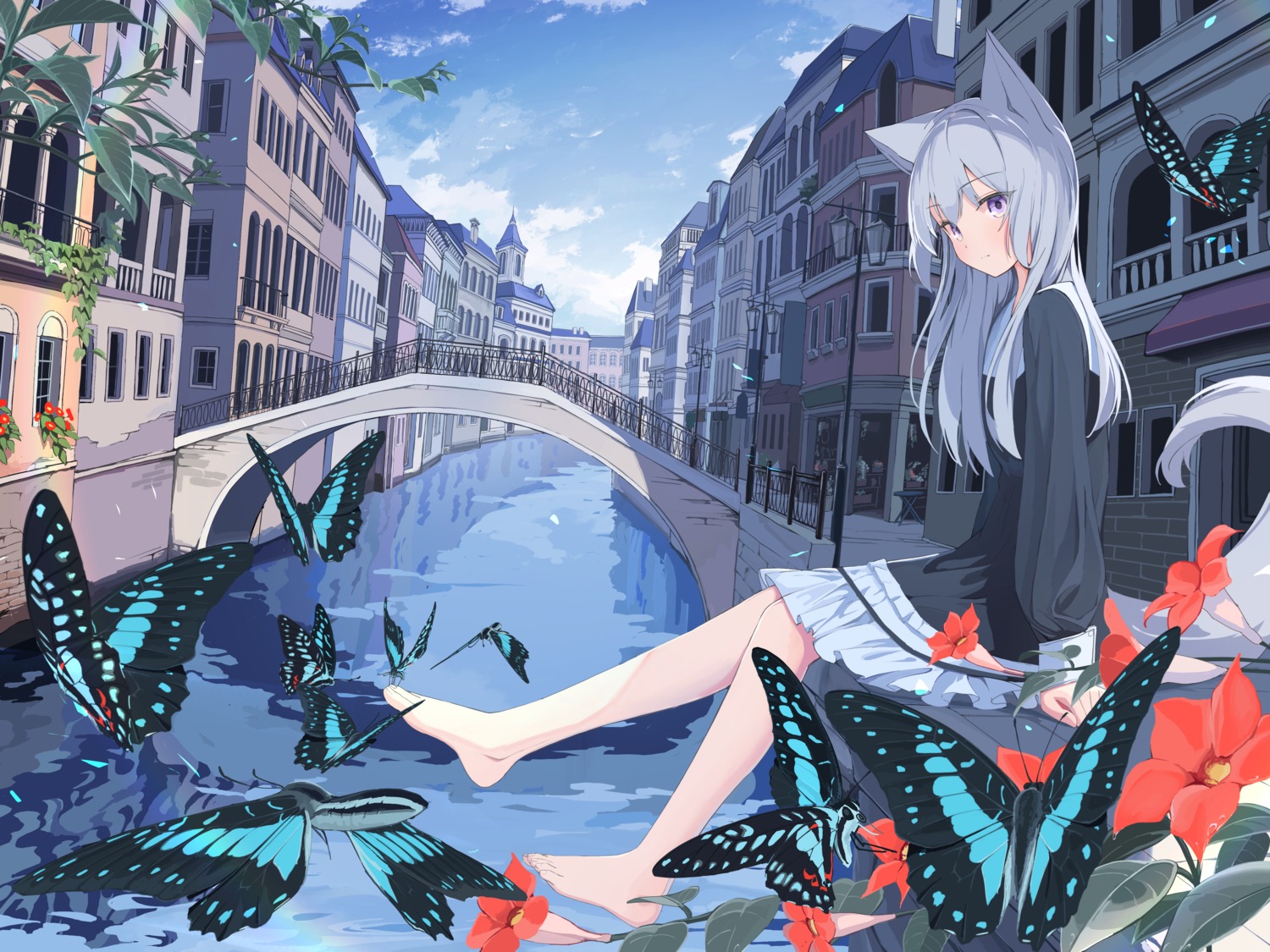 animal_ears dress feet landscape mikisai tail