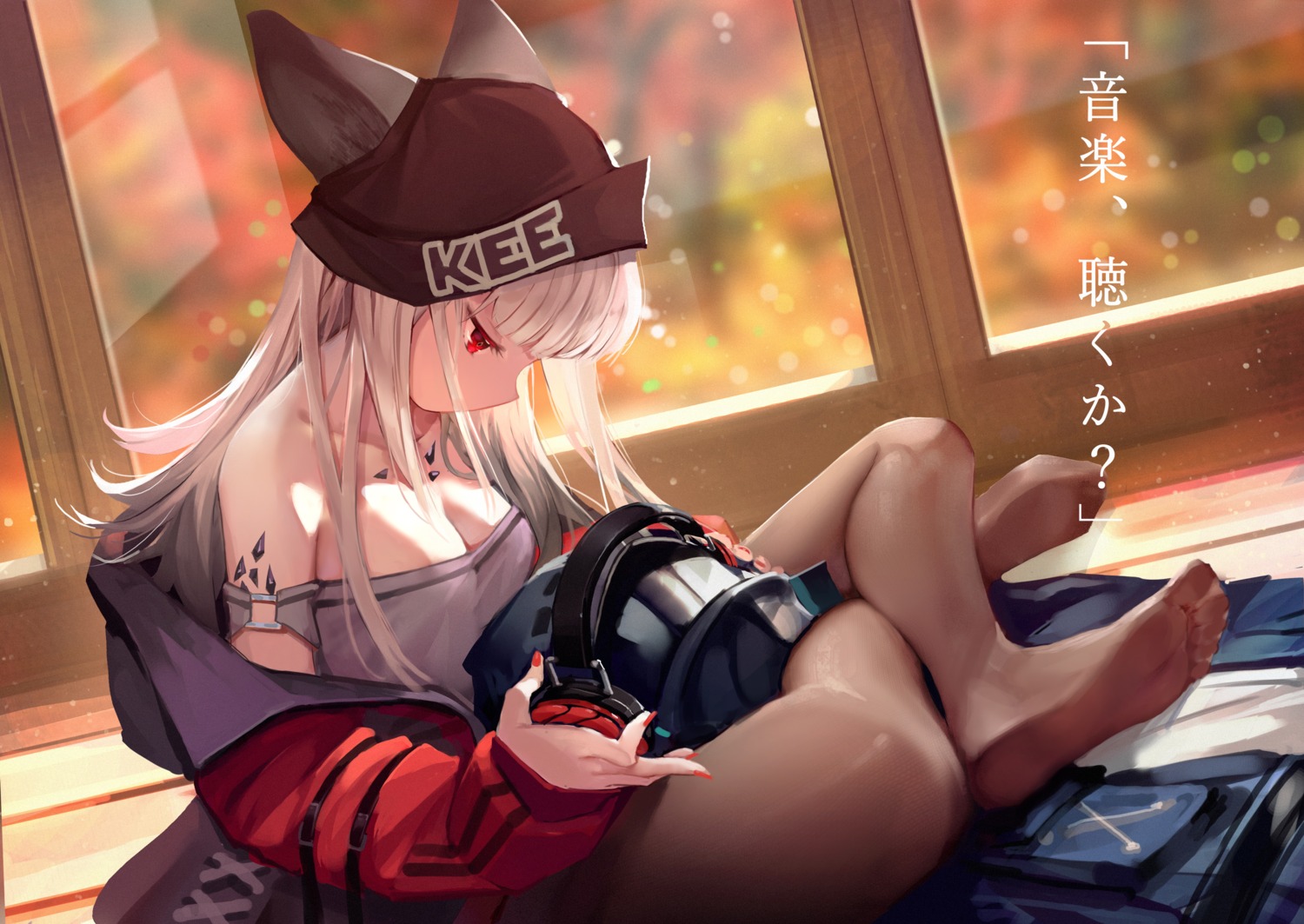 am1m animal_ears arknights cleavage feet frostleaf_(arknights) headphones pantyhose