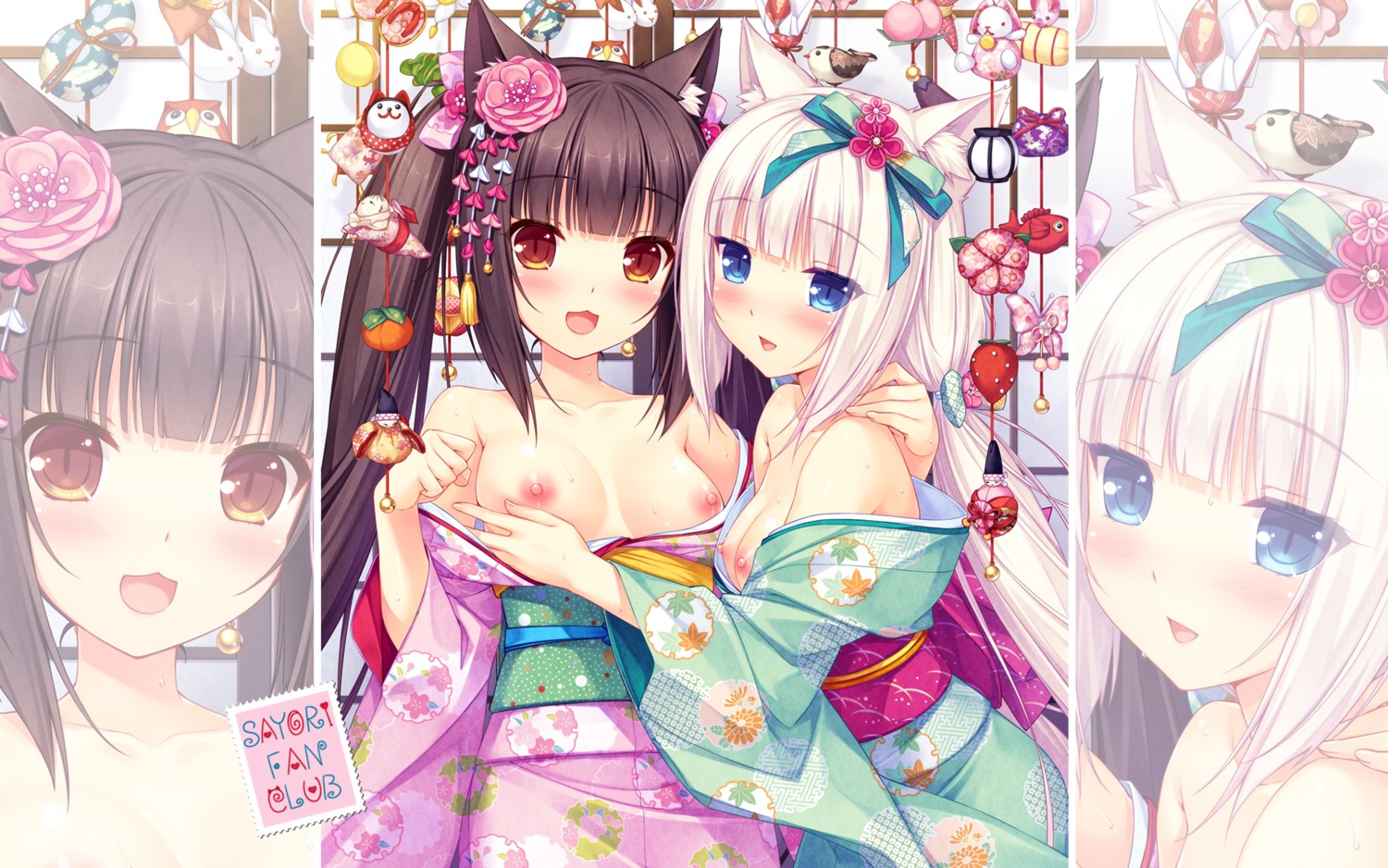 animal_ears breasts chocola kimono nekomimi nekopara nipples no_bra open_shirt sayori vanilla wallpaper
