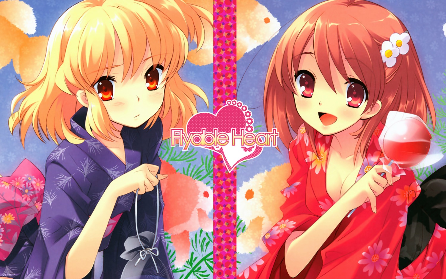 cleavage flyable_heart inaba_yui ito_noizi sumeragi_amane unisonshift wallpaper yukata