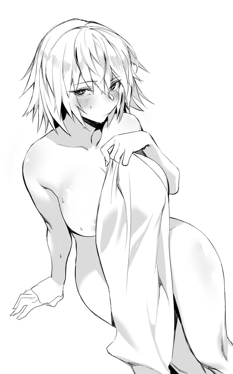 areola fate/grand_order hxd jeanne_d'arc jeanne_d'arc_(alter)_(fate) monochrome naked towel