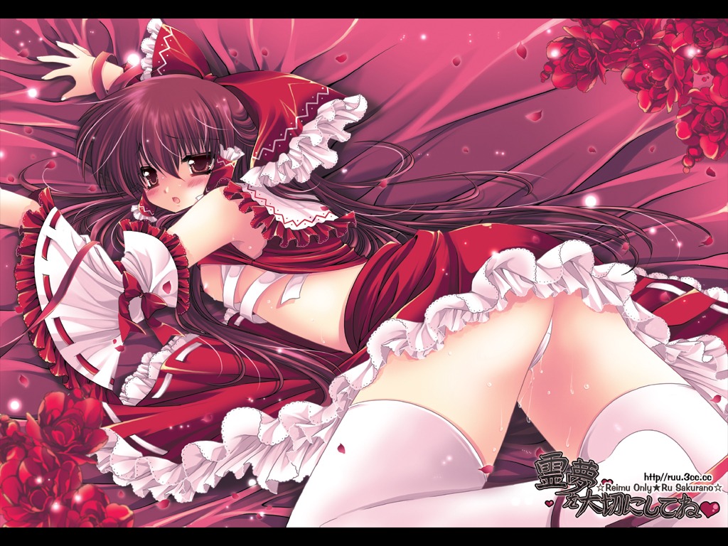 hakurei_reimu nipples pantsu pussy_juice sakurano_ruu sarashi thighhighs touhou wallpaper