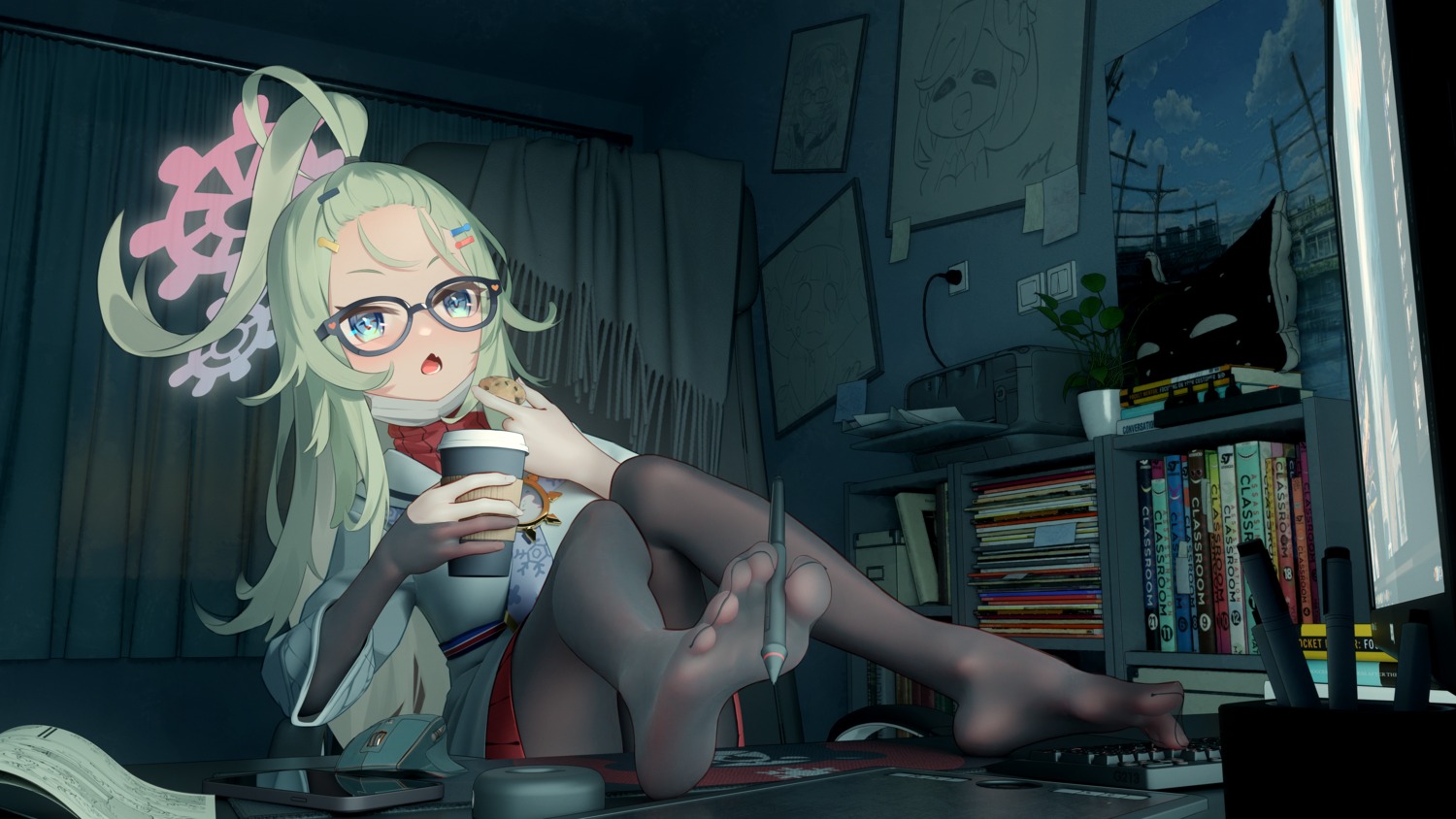 blue_archive feet halo himeki_meru megane mr_ito pantyhose seifuku skirt_lift sweater