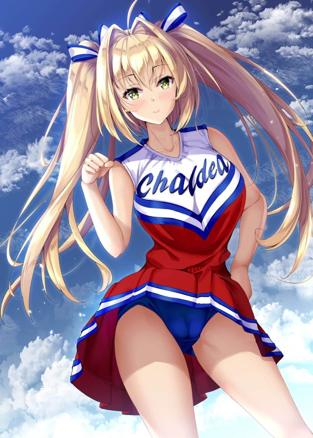 cameltoe cheerleader fate/grand_order fukuda_shuushi pantsu saber_extra skirt_lift