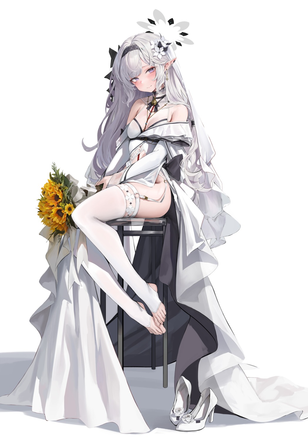 akeboshi_himari blue_archive dress garter_belt halo heels hiki_niito no_bra nopan pointy_ears see_through stockings thighhighs wedding_dress